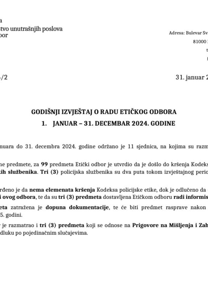 Godišnji izvještaj o radu Etičkog odbora za 2024. godinu