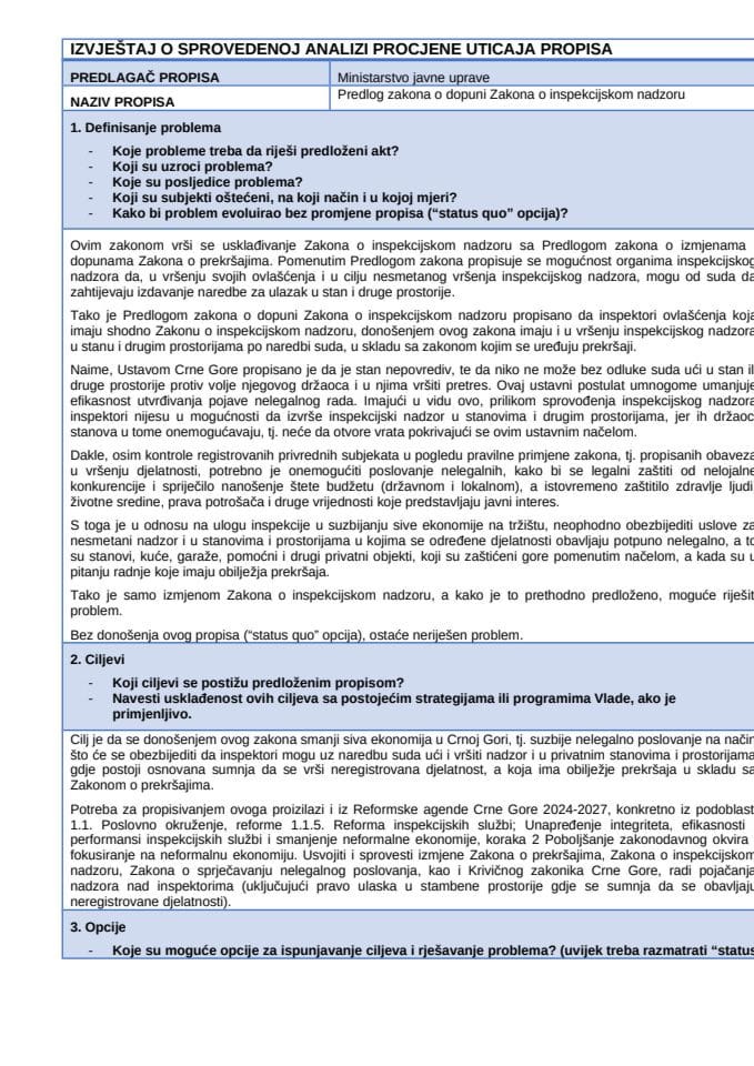 ИЗВЈЕШТАЈ О СПРОВЕДЕНОЈ АНАЛИЗИ ПРОЦЈЕНЕ УТИЦАЈА ПРОПИСА - Предлог закона о допуни Закона о инспекцијском надзору