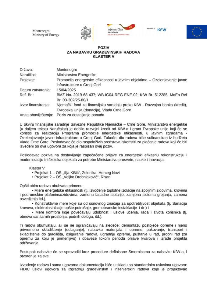 Javni poziv za dostavljanje ponuda za tender za izvođenje radova na primjeni mjera energetske efikasnosti