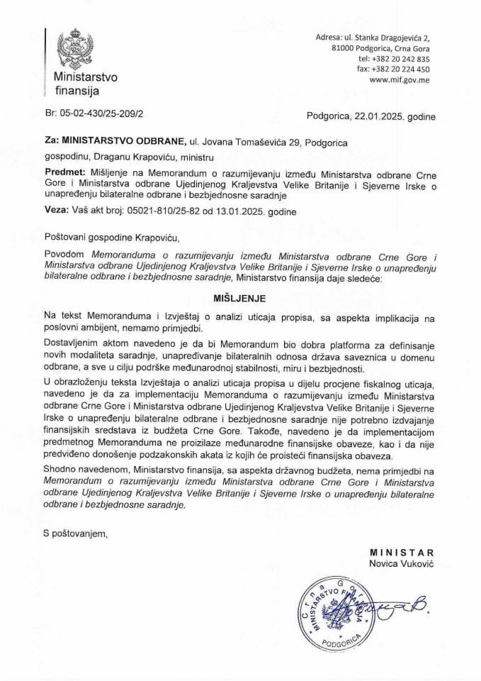 Mišljenje na Memorandum o razumijevanju između Ministarstva odbrane Crne Gore i Ministarstva odbrane UK  Velike Britanije i Sjeverne Irske o unapređenju bilateralne saradnje odbrane i bezbjednosne saradnje