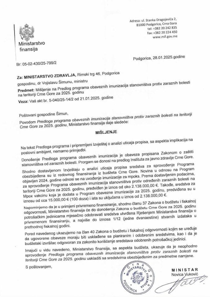 Mišljenje na Predlog programa obaveznih imunizacija stanovništva protiv zaraznih bolesti na teritoriji Crne Gore za 2025. godinu