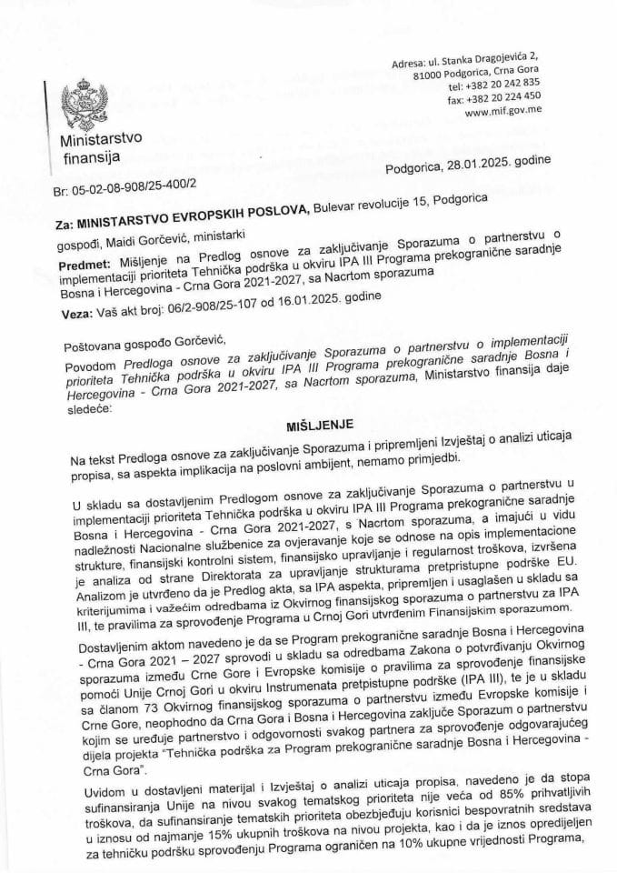 Mišljenje na Predlog osnove za zaključivanje Sporazuma o partnerstvu o implementaciji prioriteta Tehnička podrška u okviru IPA III Programa prekogranične saradnje Bosna i Hercegovina - Crna Gora 2021 - 2027, sa Nacrtom sporazuma