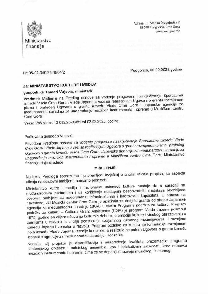 Mišljenje na Predlog osnove za vođenje pregovora i zaključivanje Sporazuma između Vlade Crne Gore i Vlade Japana u vezi sa realizacijom Ugovora o grantu razmjenom pisma i pratećeg Ugovora o grantu