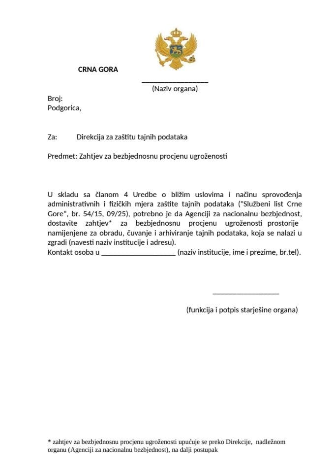 Zahtjev za bezbjednosnu procjenu ugroženosti