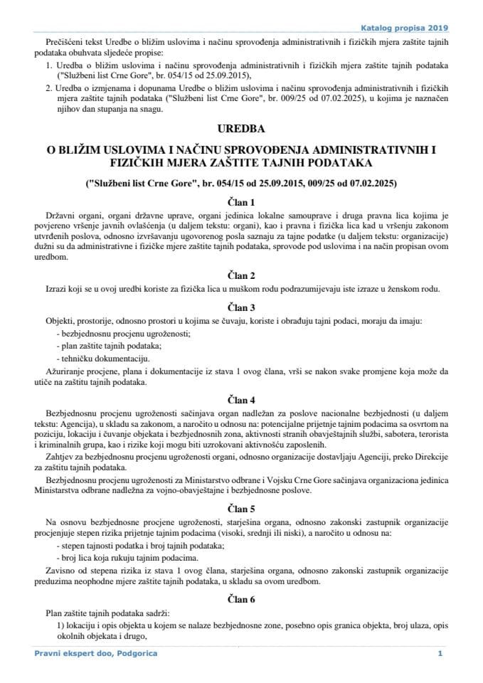 Uredba o blizim uslovima i načinu sprovodjenja administrativnih i fizičkih mjera zaštite tajnih podataka