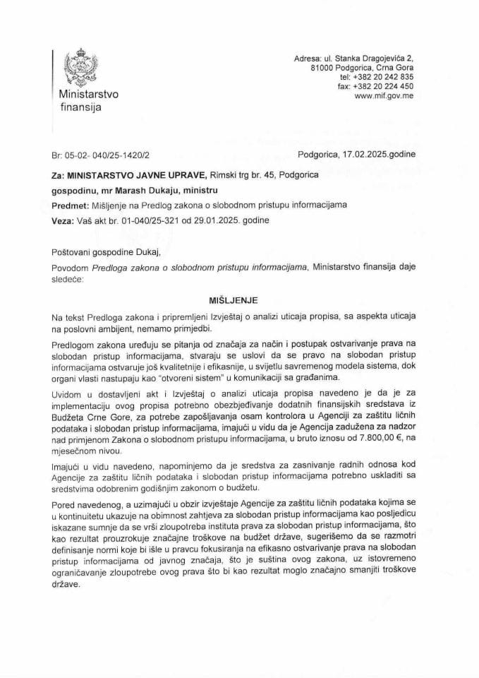 Mišljenje na Predlog zakona o slobodnom pristupu informacijama