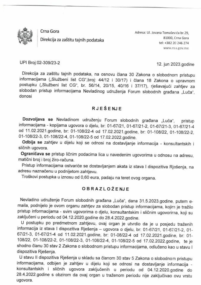 Rješenje UPI broj. 02-309/23-2