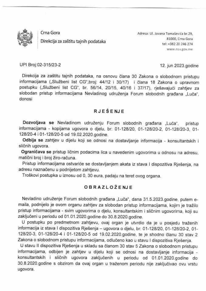 Rješenje UPI broj. 02-315/23-2