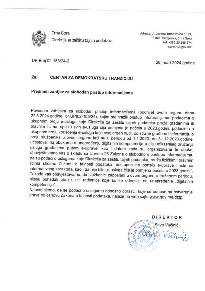 Obavještenje UPI broj. 02-183/24-2