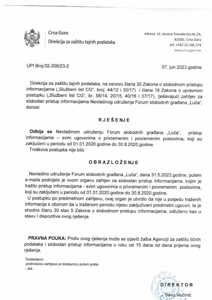 Rješenje UPI broj. 02-306/23-2