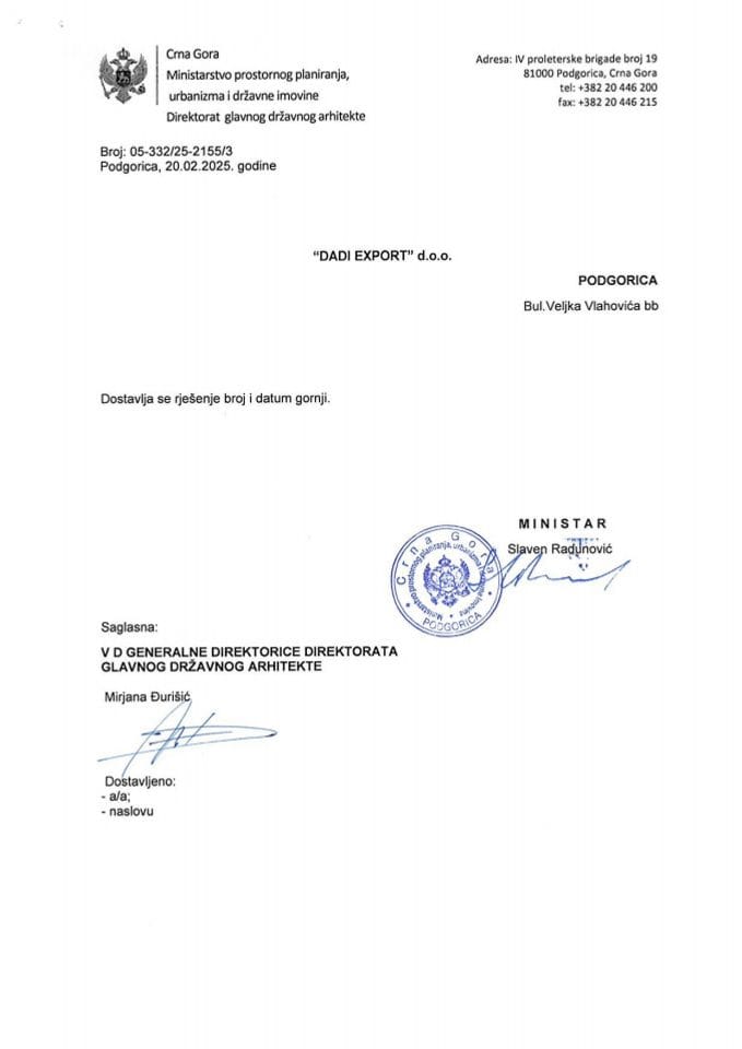 Rješenja glavnog državnog arhitekte - 20.02.2025 Rješenje -DADI EXPORT DOO, Podgorica -Glavni grad Podgorica(UP 21, 22)