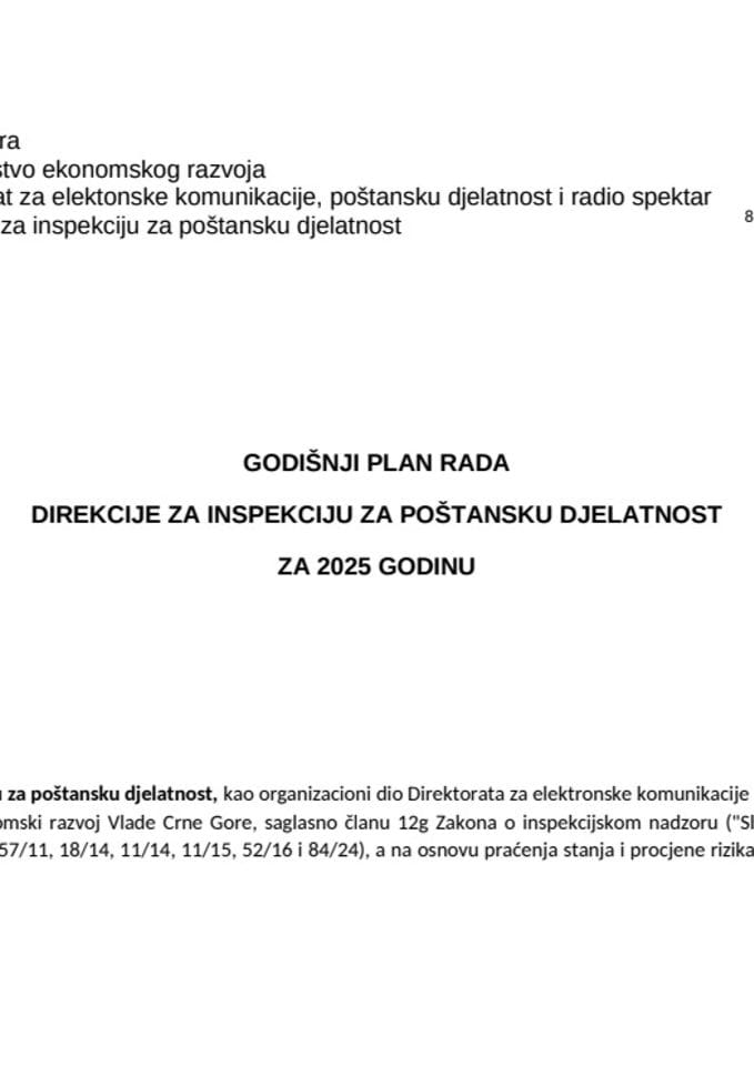 Godišnji plan rada za 2025.g. inspekcije za poštansku djelatnost