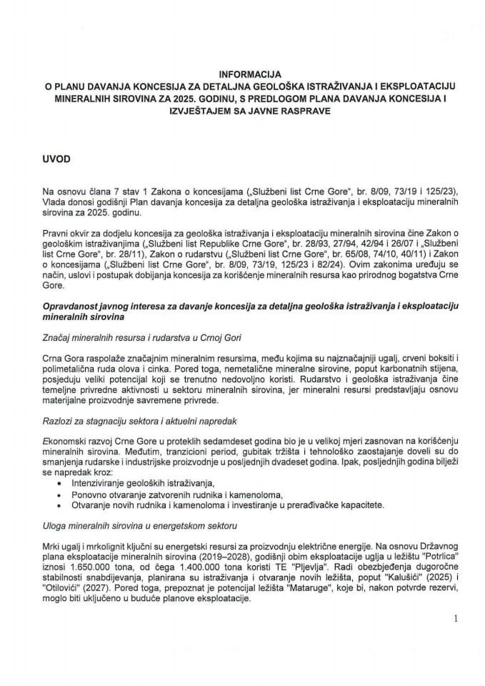 Информација о Плану давања концесија за детаљна геолошка истраживања и експлоатацију минералних сировина за 2025. годину с Предлогом плана додјеле концесија за детаљна геолошка истраживања и експлоатацију минералних сировина за 2025. годину