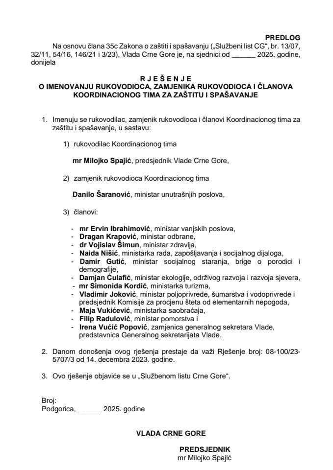 Предлог за именовање руководиоца, замјеника руководиоца и чланова Координационог тима за заштиту и спашавање