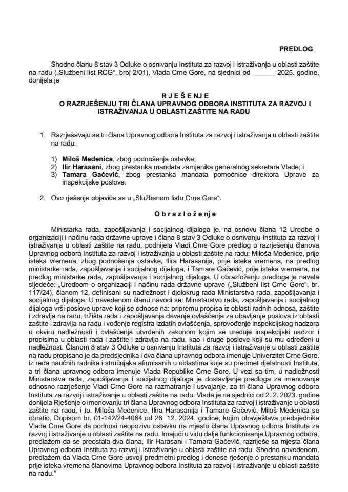 Предлог за разрјешење три члана Управног одбора Института за развој и истраживања у области заштите на раду