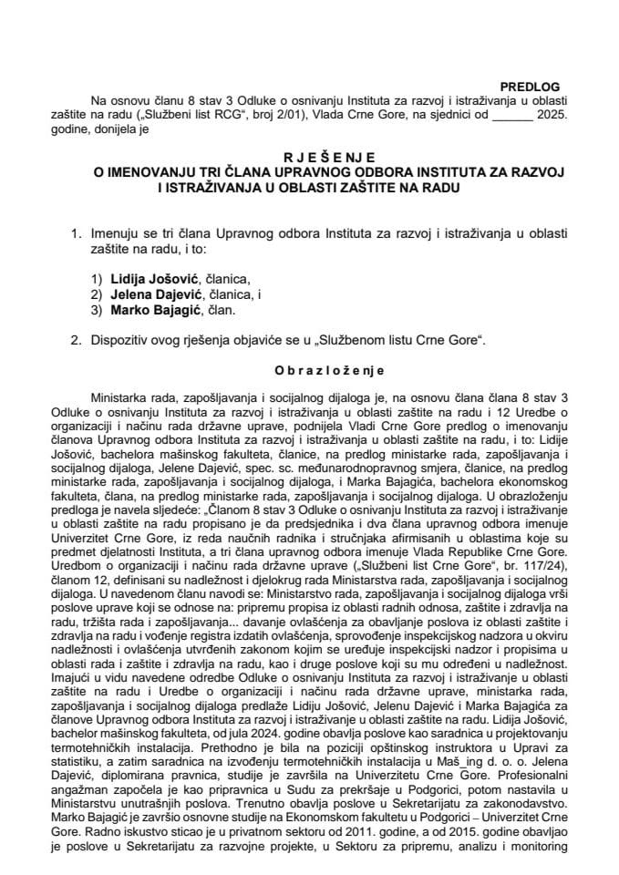 Predlog za imenovanje tri člana Upravnog odbora Instituta za razvoj i istraživanja u oblasti zaštite na radu