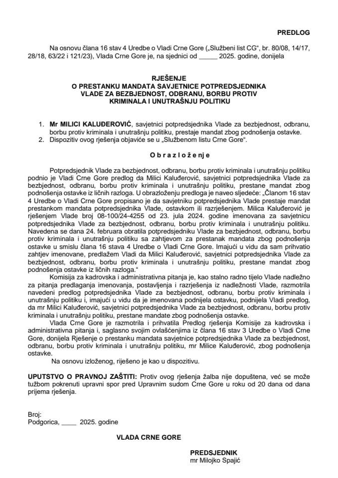 Предлог за престанак мандата савјетнице потпредсједника Владе за безбједност, одбрану, борбу против криминала и унутрашњу политику