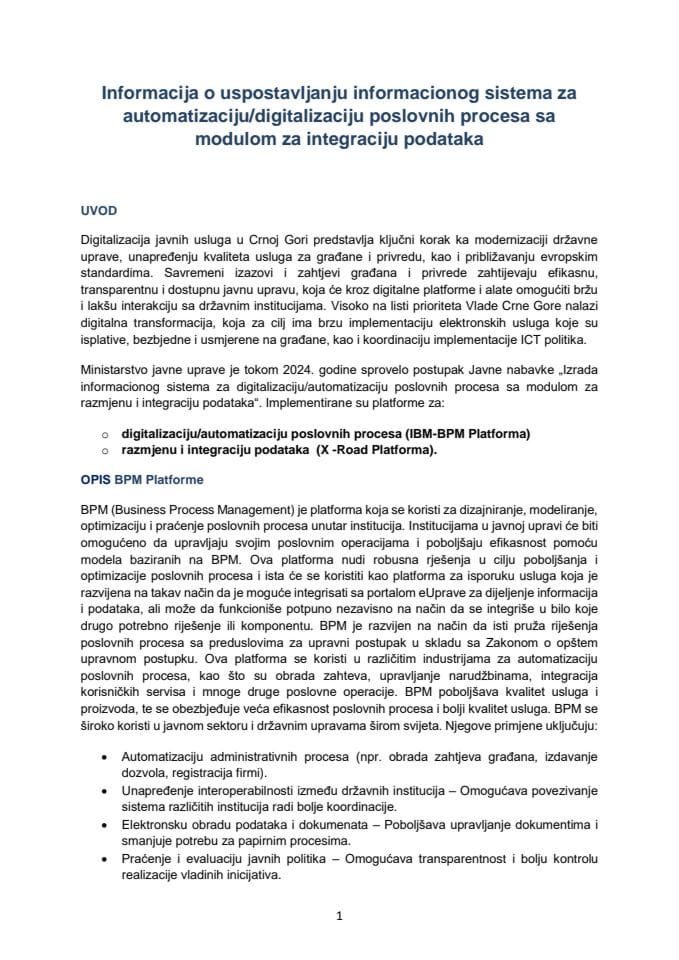 Информација о успостављању информационог система за аутоматизацију/дигитализацију пословних процеса са модулом за интеграцију података