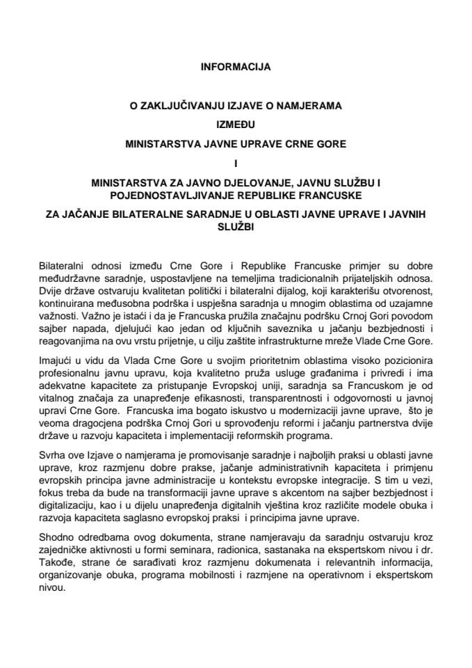 Информација о закључивању Изјаве о намјерама између Министарства јавне управе Црне Горе и Министарства за јавно дјеловање, јавну службу и поједностављивање Републике Француске за јачање билатералне сарадње у области јавне управе и јавних служби