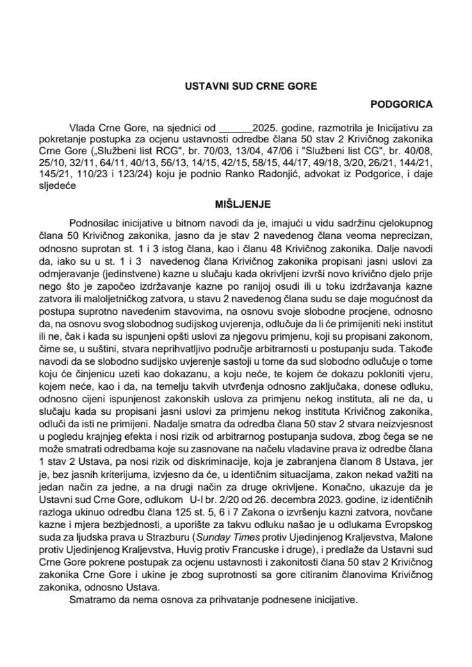 Предлог мишљења на Иницијативу за покретање поступка за оцјену уставности одредбе члана 50 став 2 Кривичног законика Црне Горе (без расправе)