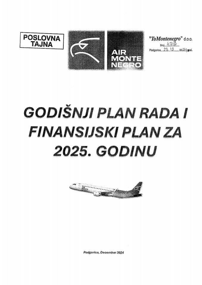 Предлог годишњег плана рада и финансијског плана „ToMontenegro“ д.о.о. за 2025. годину