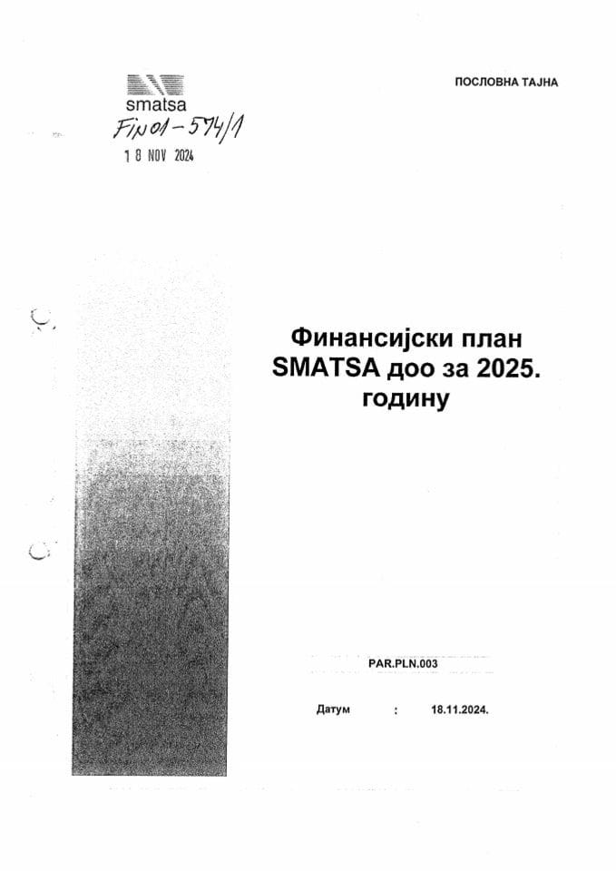 Предлог финансијског плана Контроле летења Србије и Црне Горе д.о.о. (SMATSA Ltd) Београд за 2025. годину