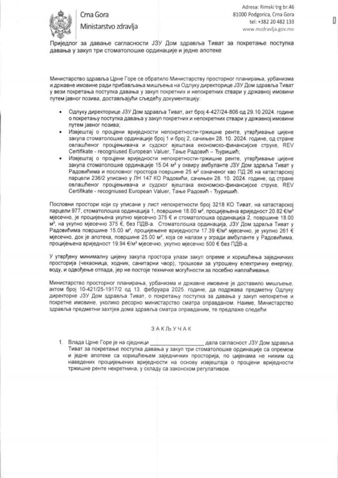 Предлог за давање сагласности ЈЗУ Дом здравља Тиват за покретање поступка давања у закуп три стоматолошке ординације и једне апотеке