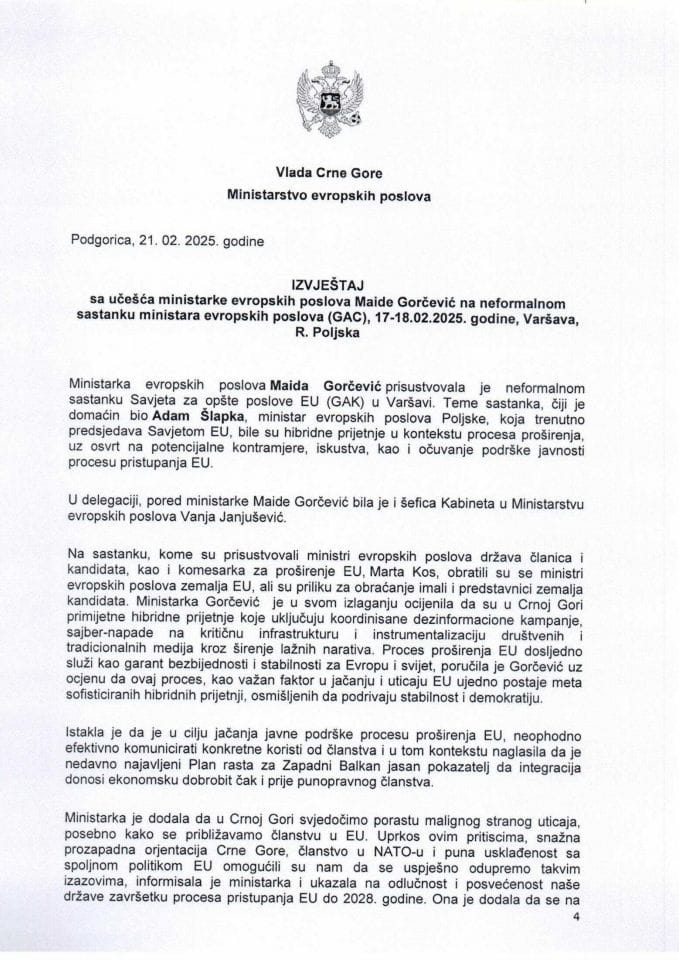 Извјештај са учешћа министарке европских послова Маиде Горчевић на неформалном састанку министара европских послова (GAC), 17-18. фебруар 2025. године, Варшава, Република Пољска