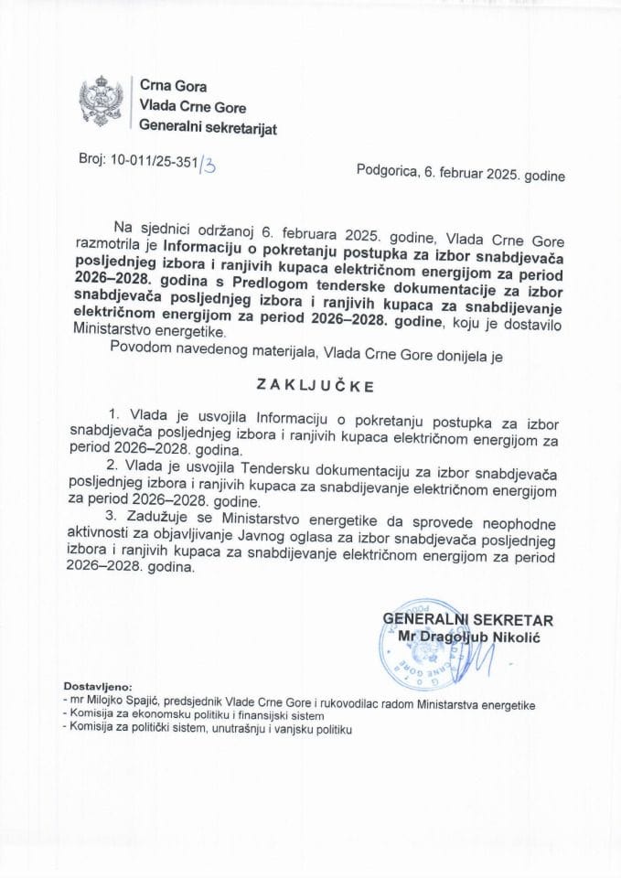 Informacija o pokretanju postupka za izbor snabdjevača posljednjeg izbora i ranjivih kupaca električnom energijom za period 2026-2028. godina s Predlogom tenderske dokumentacije za izbor snabdjevača posljednjeg izbora i ranjivih kupaca - Zaključci