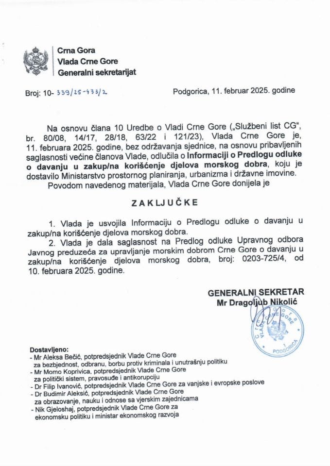 Informacija o Predlogu odluke o davanju u zakup/na korišćenje djelova morskog dobra s Predlogom odluke o davanju u zakup/na korišćenje djelova morskog dobra - zaključci