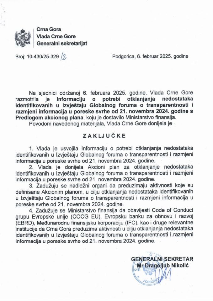 Informacija o potrebi otklanjanja nedostataka identifikovanih u Izvještaju Globalnog foruma o transparentnosti i razmjeni informacija u poreske svrhe od 21. novembra 2024. godine s Predlogom akcionog plana - Zaključci