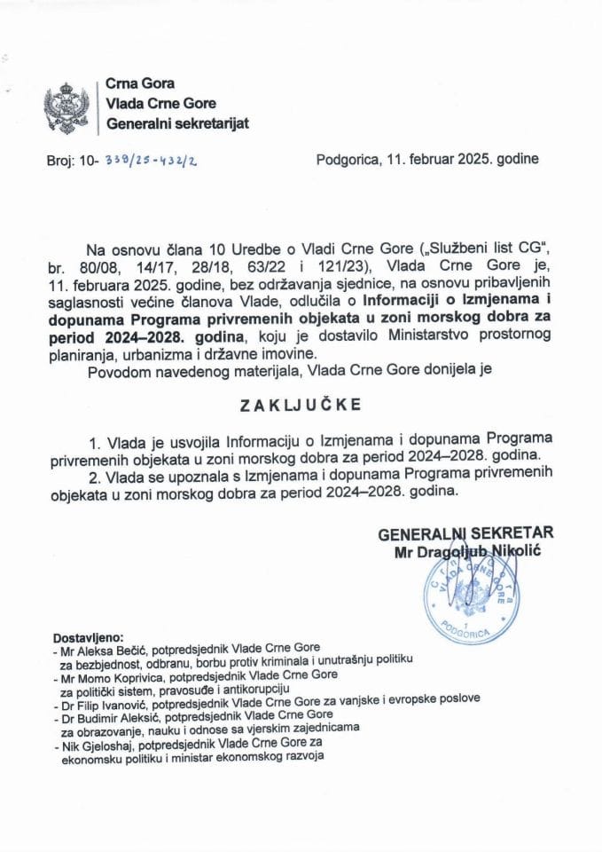 Informacija o izmjenama i dopunama Programa privremenih objekata u zoni morskog dobra za period 2024-2028. godina sa Izmjenama i dopunama Programa privremenih objekata u zoni morskog dobra za period 2024-2028. godina - zaključci