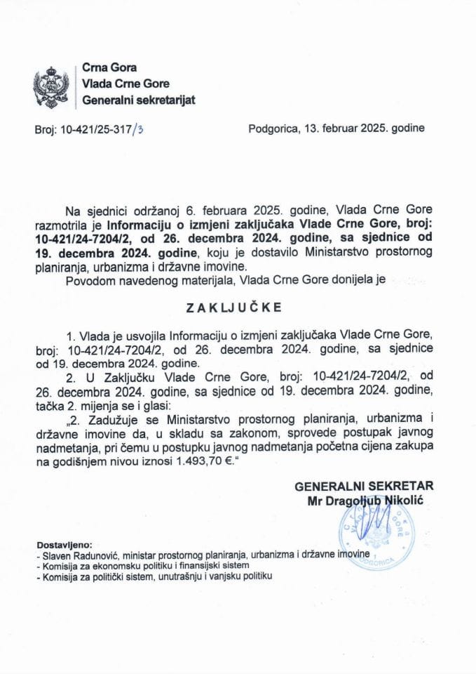 Informacija o izmjeni zaključaka Vlade Crne Gore, broj: 10-421/24-7204/2, od 26. decembra 2024. godine, sa sjednice od 19. decembra 2024. godine - Zaključci