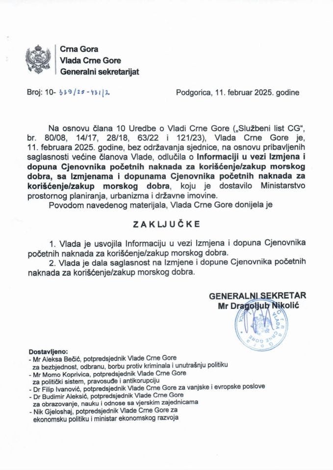 Informacija u vezi Izmjena i dopuna Cjenovnika početnih naknada za korišćenje/zakup morskog dobra sa Izmjenama i dopunama Cjenovnika početnih naknada za korišćenje/zakup morskog dobra - zaključci