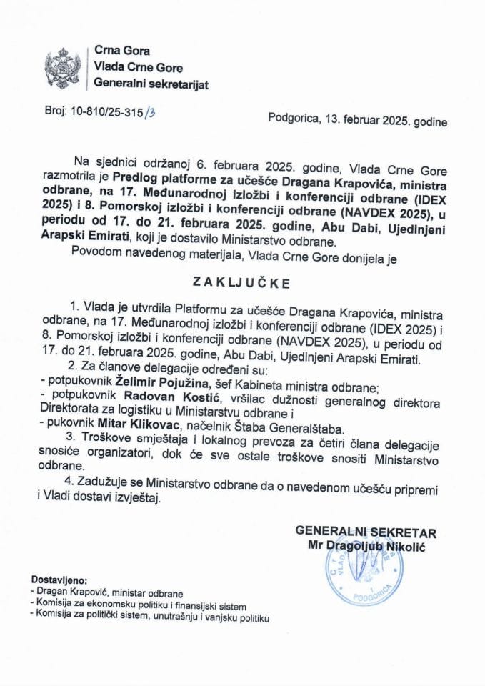 Predlog platforme za učešće ministra Krapovića na 17. Međunarodnoj izložbi i konferenciji odbrane (IDEX 2025) i 8. Pomorskoj izložbi i konferenciji odbrane (NAVDEX 2025), Abu Dabi, Ujedinjeni Arapski Emirati - Zaključci