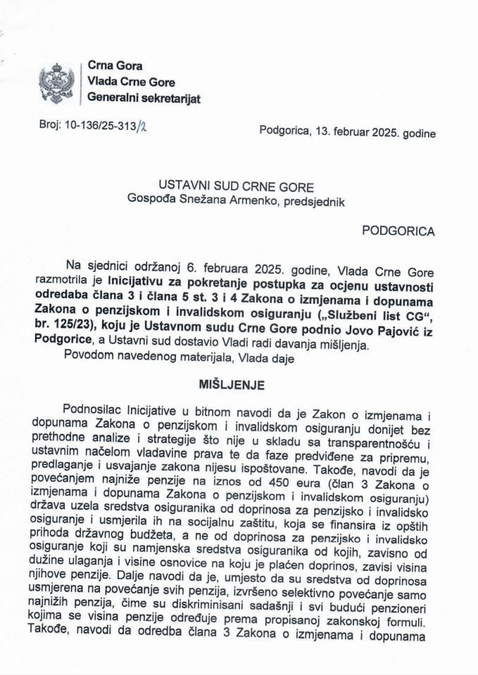 Predlog mišljenja na Inicijativu za pokretanje postupka za ocjenu ustavnosti odredaba člana 3 i člana 5 st. 3 i 4 Zakona o izmjenama i dopunama Zakona o penzijskom i invalidskom osiguranju („Službeni list CG“, br. 125/23), koju je podnio Jovo Pajović - Zaključci