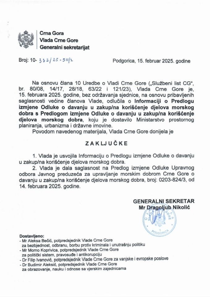 Informacija o Predlogu izmjene Odluke o davanju u zakup/na koriscenje djelova morskog dobra s Predlogom izmjene Odluke o davanju u zakup/na koriscenje djelova morskog dobra - Zaključci