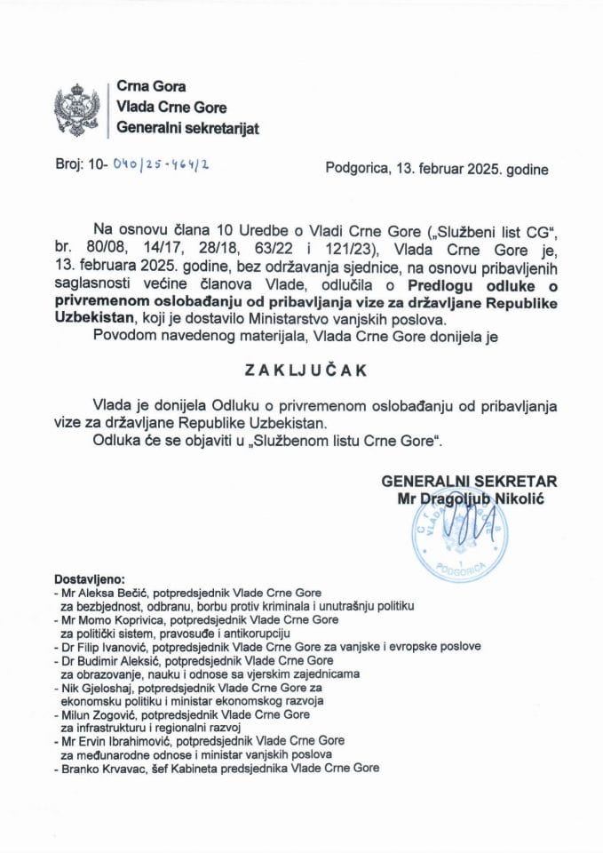 Predlog odluke o privremenom oslobađanju od pribavljanja vize za državljane Republike Uzbekistan -Zaključci