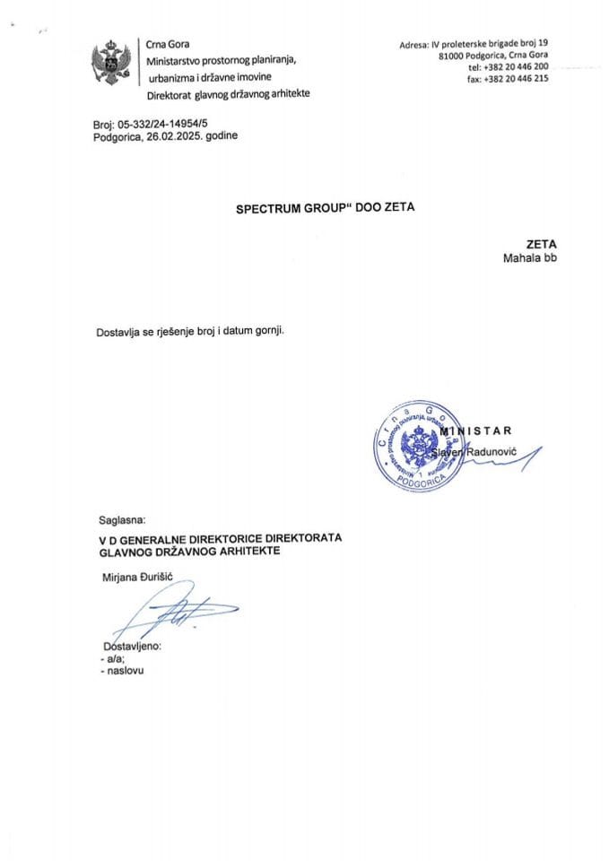 Rješenja glavnog državnog arhitekte - 26.02.2025 Rješenje -SPECTRUM GROUP DOO, Zeta -Opština Bar
