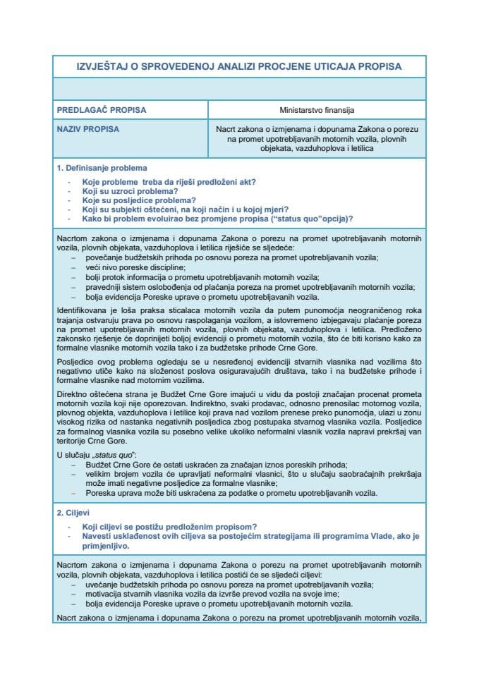 Извјештај о спроведеној анализи процјене утицаја прописа (РИА)