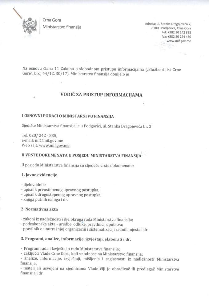 Vodič za pristup informacijama u posjedu Ministarstva finansija - 2025. godina