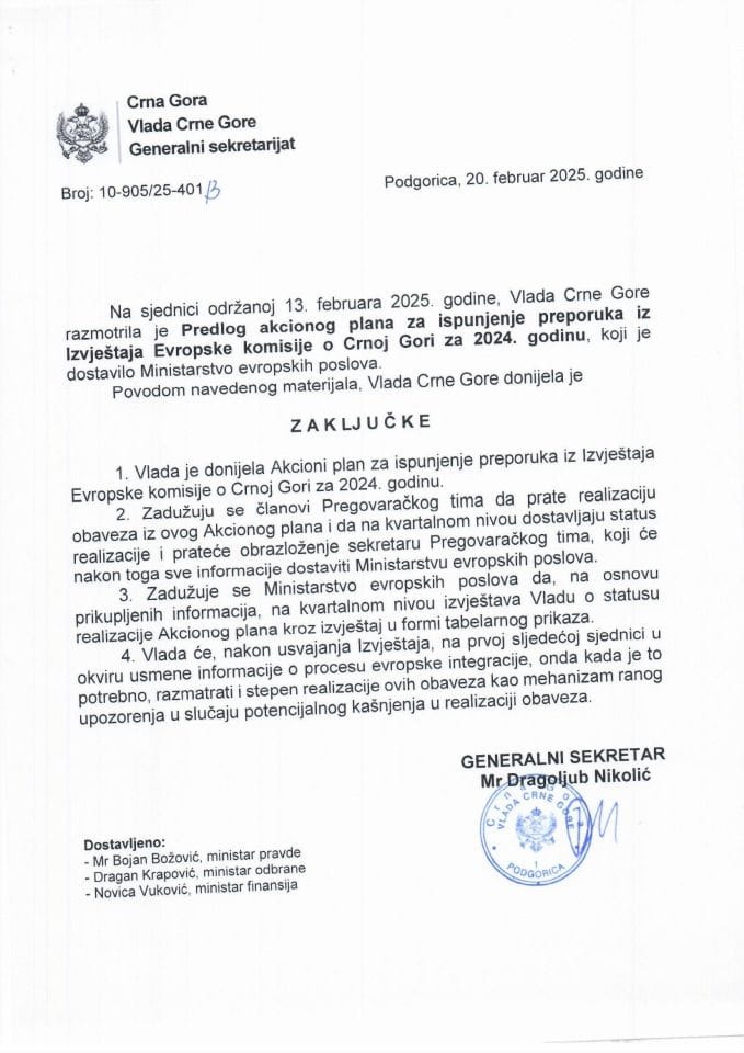 Предлог акционог плана за испуњење препорука из Извјештаја Европске комисије о Црној Гори за 2024. годину - закључци