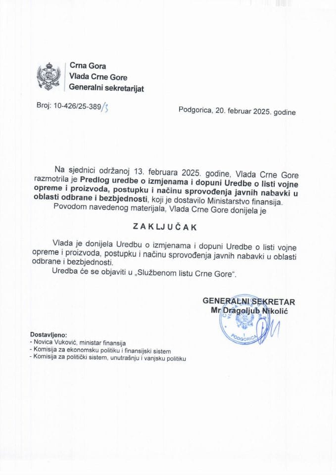 Предлог уредбе о измјенама и допуни Уредбе о листи војне опреме и производа, поступку и начину спровођења јавних набавки у области одбране и безбједности - закључци