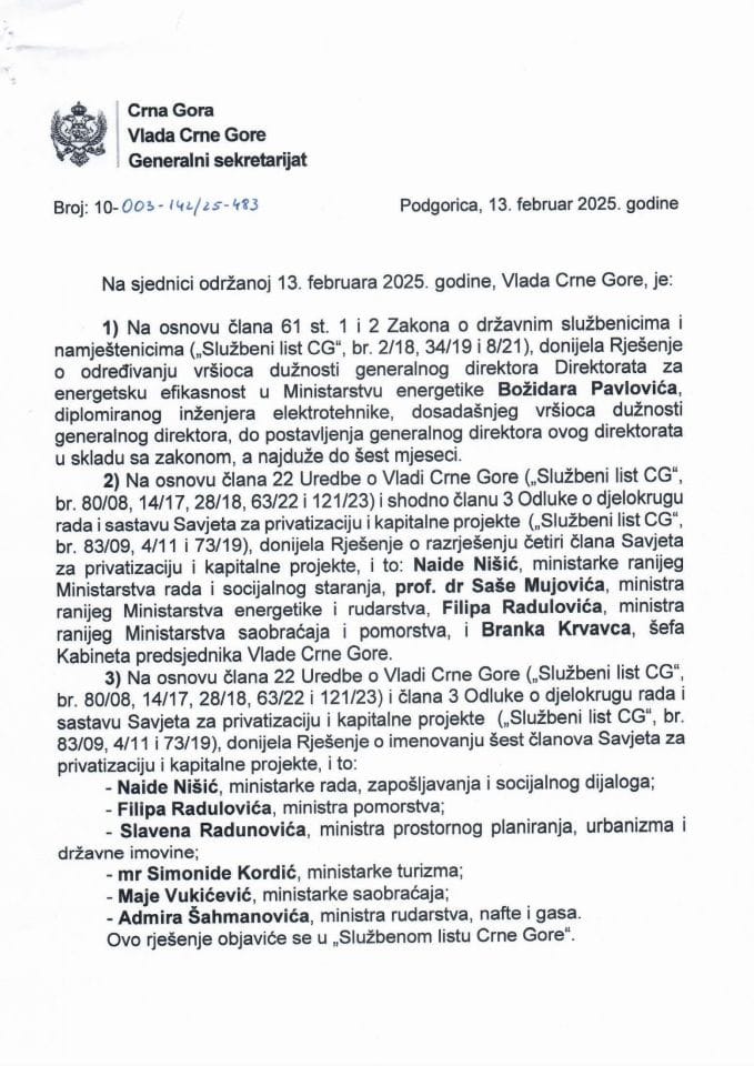 Кадровска питања са 68. сједнице Владе Црне Горе - закључци