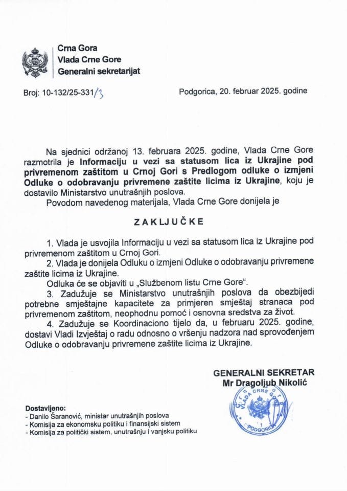 Информација у вези статуса лица из Украјине под привременом заштитом у Црној Гори с Предлогом одлуке о измјени Одлуке о одобравању привремене заштите лицима из Украјине - закључци