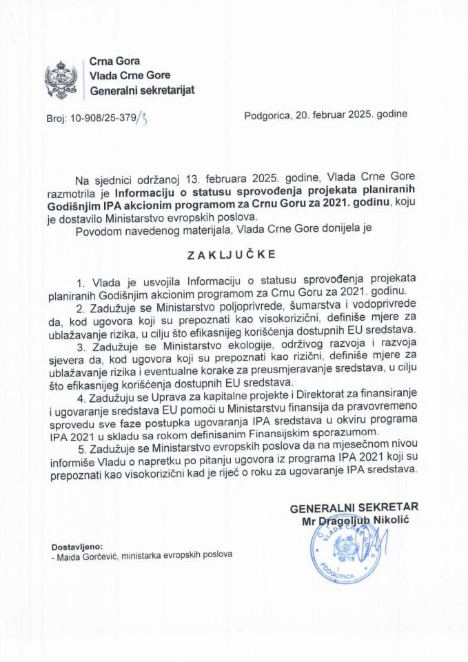 Информација о статусу спровођења пројеката планираних Годишњим IPA акционим програмом за Црну Гору за 2021. годину