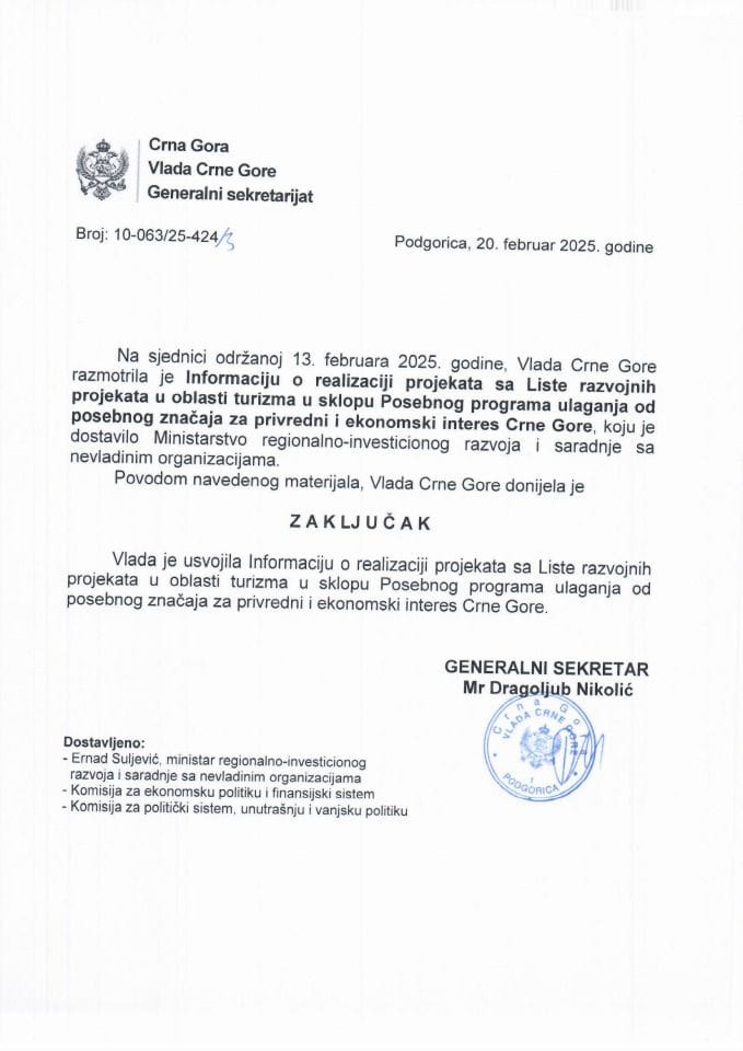 Информација о стању Посебног програма улагања од посебног значаја за привредни и економски интерес Црне Горе на 31. јануар 2025. године (финансијски аспект) - закључци
