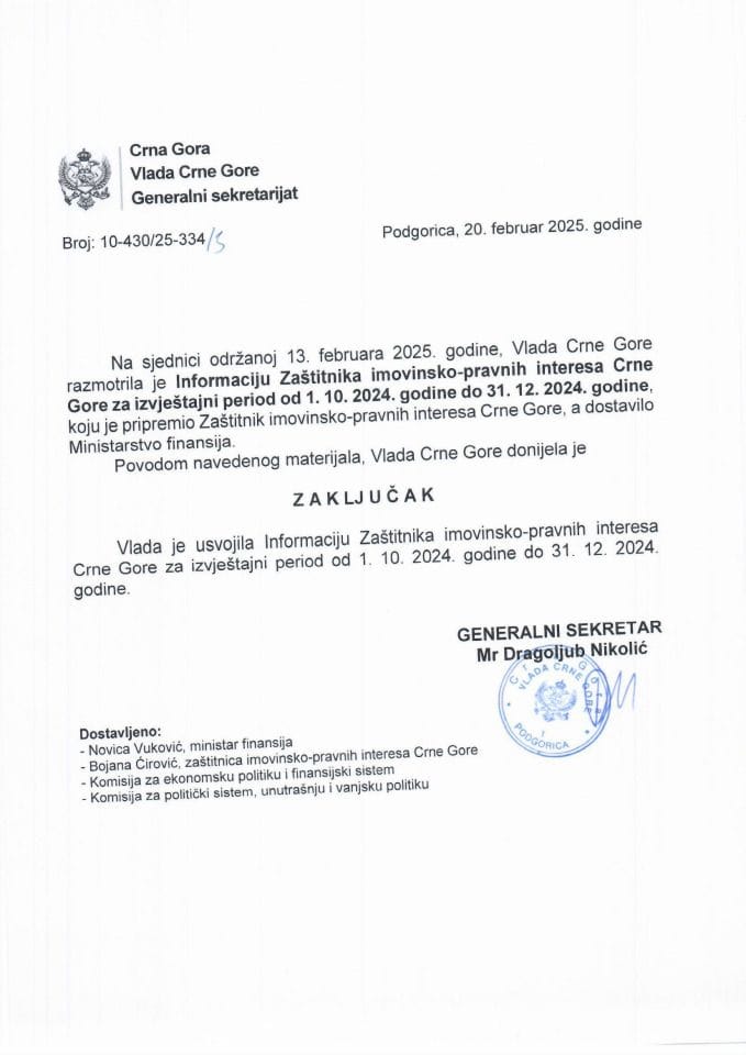 Информација Заштитника имовинско - правних интереса Црне Горе, за извјештајни период од 01.10.2024. године до 31.12.2024. године - закључци