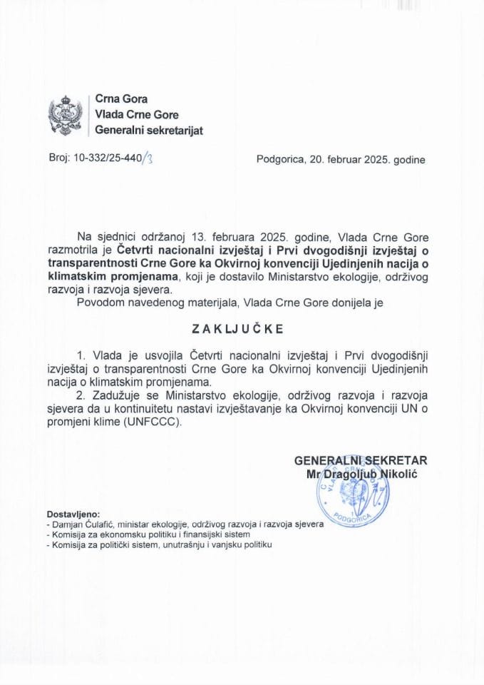 Четврти национални извјештај и Први двогодишњи извјештај о транспарентности Црне Горе ка Оквирној конвенцији Уједињених нација о климатским промјенама - закључци