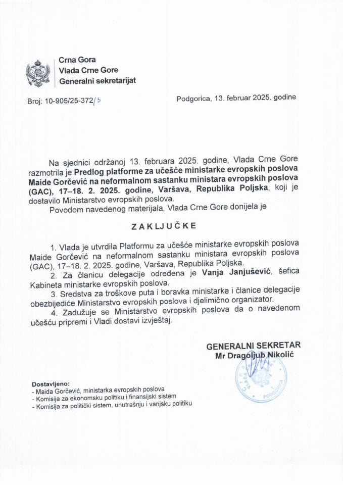 Предлог платформе за учешће министарке европских послова Маиде Горчевић на неформалном састанку министара европских послова (GAC), 17-18. 2. 2025. године, Варшава, Република Пољска - закључци
